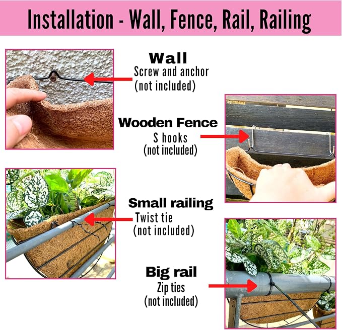 LaLaGreen 16 Inch Wall Mounted Flower Baskets, 4 Pack, Large Railing Planter - Image 3