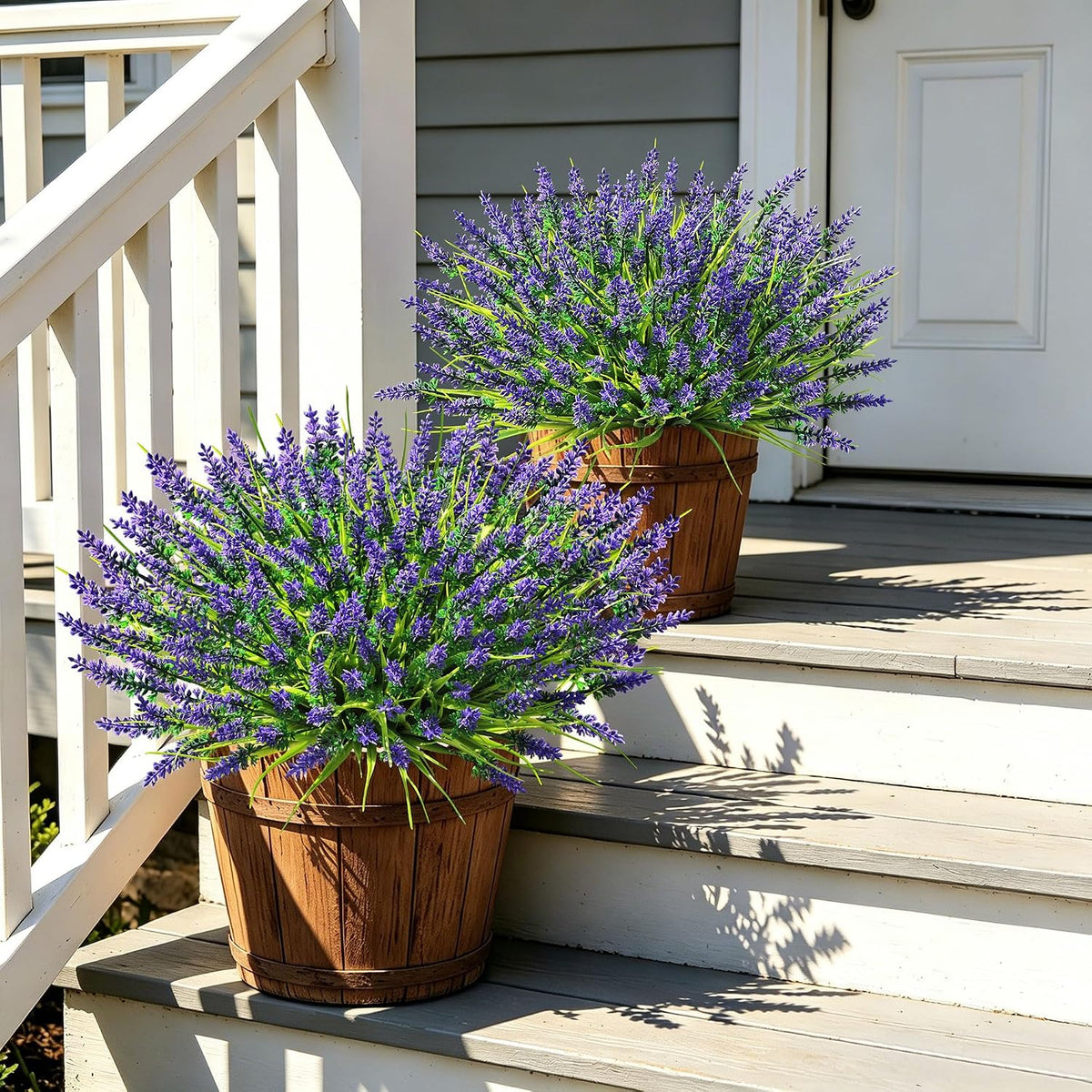 24 Bundles Faux Outdoor Plants, UV Resistant Artificial Fake Lavender Flowers with Monkey Grass for Outdoors, Realistic Faux Lavender Greenery Shrubs for Porch Yard Garden Window Box Home Decor