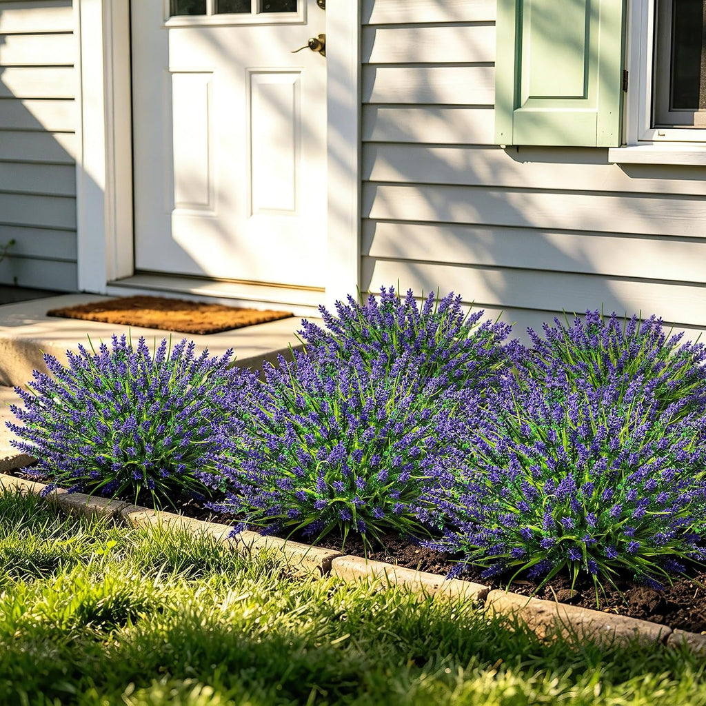 24 Bundles Faux Outdoor Plants, UV Resistant Artificial Fake Lavender Flowers with Monkey Grass for Outdoors, Realistic Faux Lavender Greenery Shrubs for Porch Yard Garden Window Box Home Decor