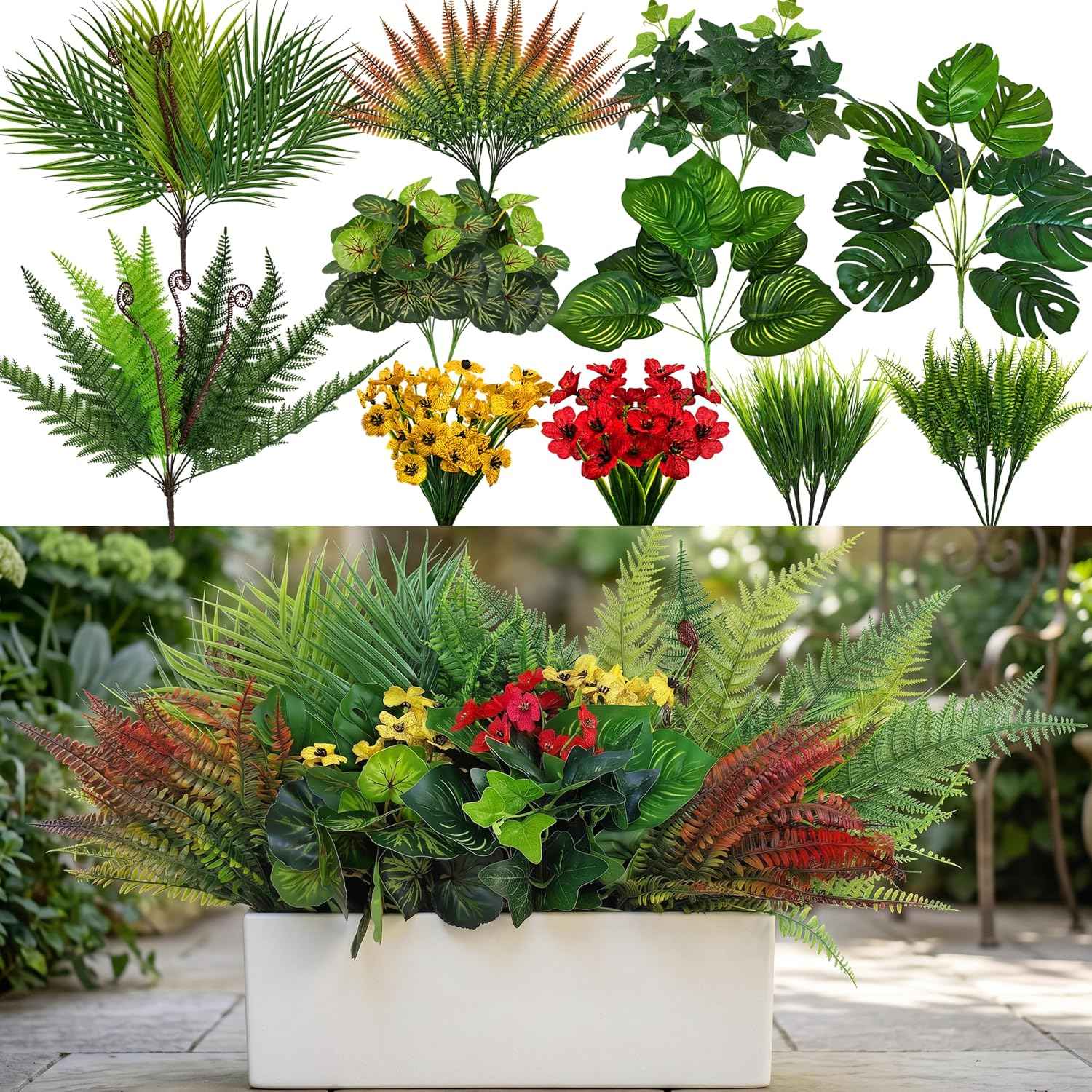 22 Bundles Outdoor Artificial Plants Greenery Stems UV Resistant Faux Plants for Outside Fake Stems Plastic Leaves for Front Porch Home Decor Garden Porch Planter