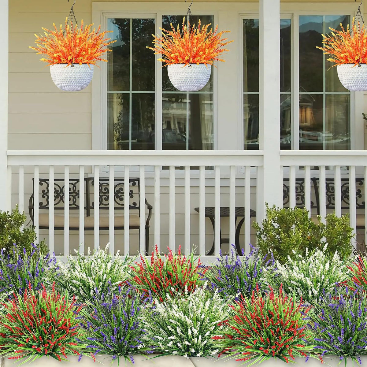 HyeFlora Artificial Fake Flowers Outdoor Plants for Summer Decoration,10 Bundles Faux Plastic Tall Monkey Grass Greenery UV Resistant Realistic Lavender for Home Planter Window Porch Garden-Red