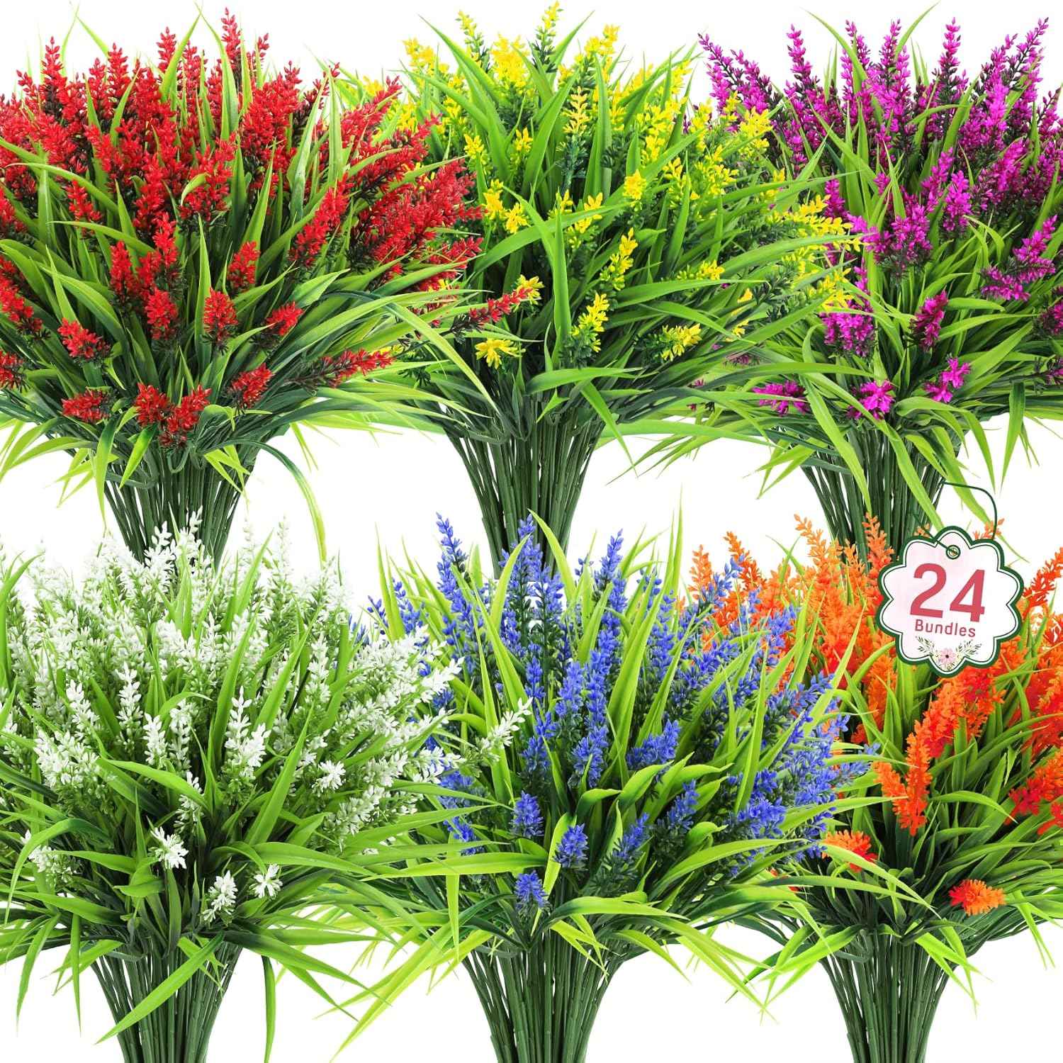 Ouddy Decor 24 Pcs Artificial Flowers for Outdoors Fake Lavender, Mixed | Realistic plastic flowers, faux monkey grass shrubs, UV resistant, for porch garden window box office home decorations