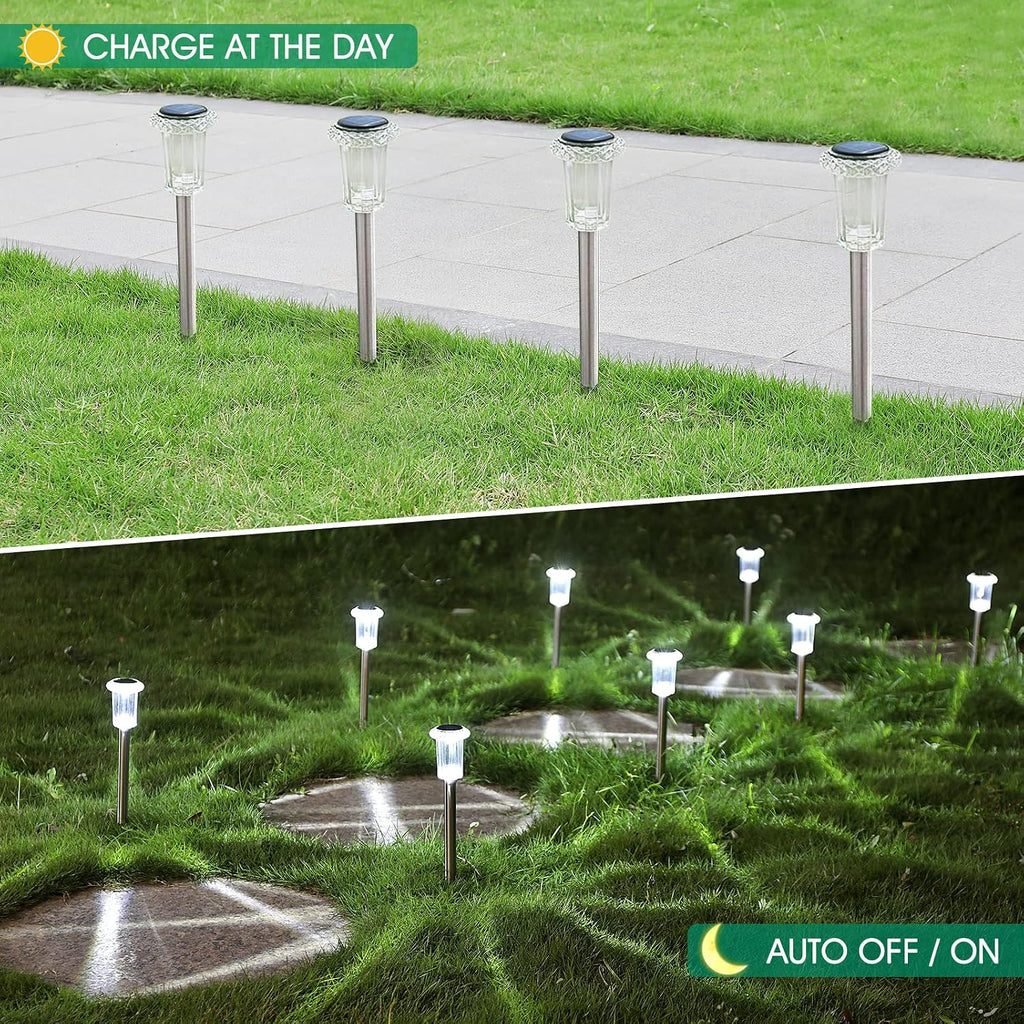 Eyrosa Solar Outdoor Lights, 10 Pack Waterproof Stainless Steel Solar Stake Lights for Pathway Garden Yard Path Walkway Driveway Lawn Patio Outside Decor, Cool White