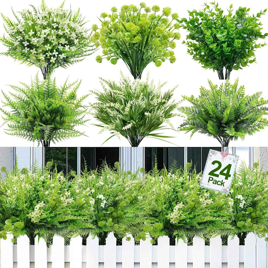 24 Bundles 6 Styles Artificial Plants Flowers for Outdoors Summer Decor | UV Resistant No Fade Faux Plants Plastic Greenery Shrubs, Fake Fern Lavender Boxwood for Garden Porch Yard Home Outdoor Decor