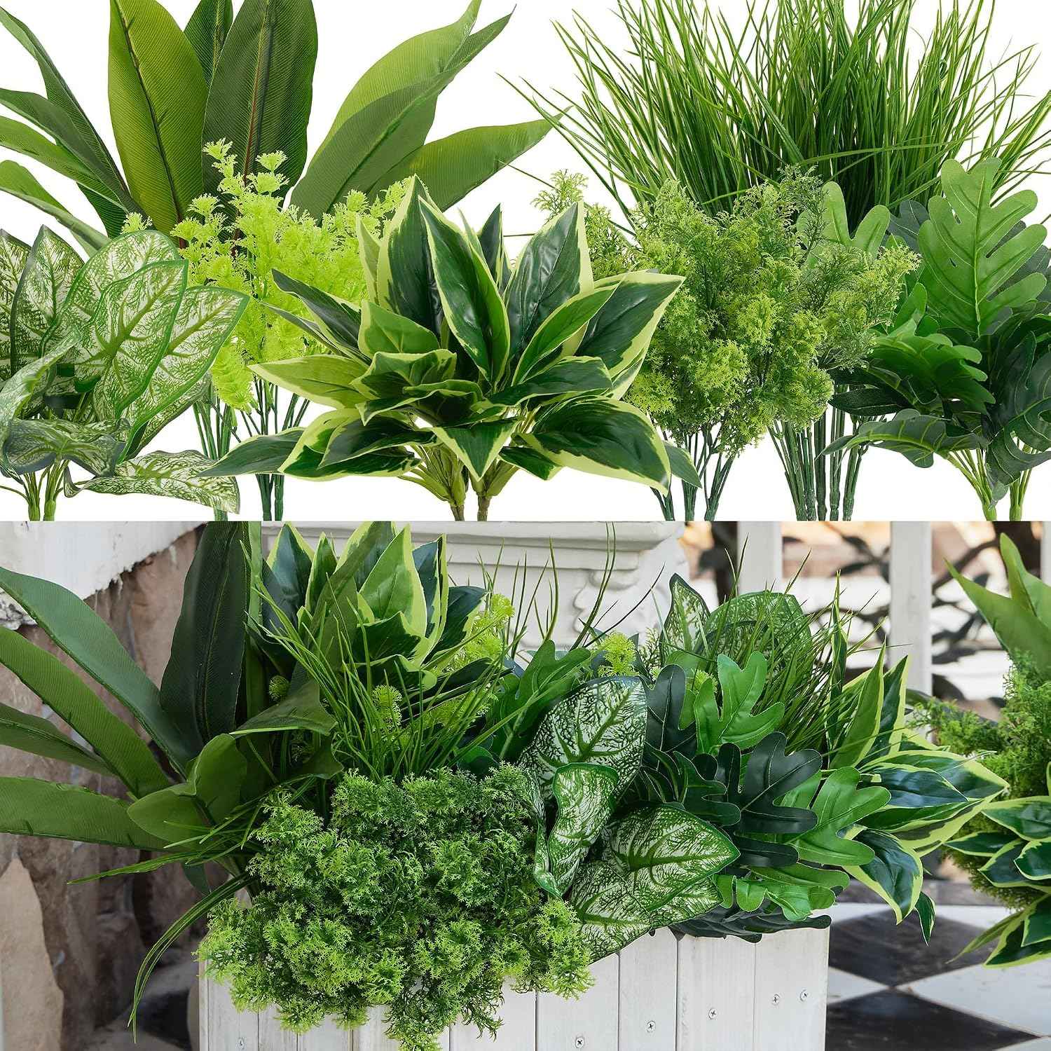 18Pcs Outdoor Artificial Boxwood UV Resistant Fake Stems Plants, Faux Plastic Greenery for Indoor Outside Hanging Plants Garden Porch Window Box Home Wedding Farmhouse Décor