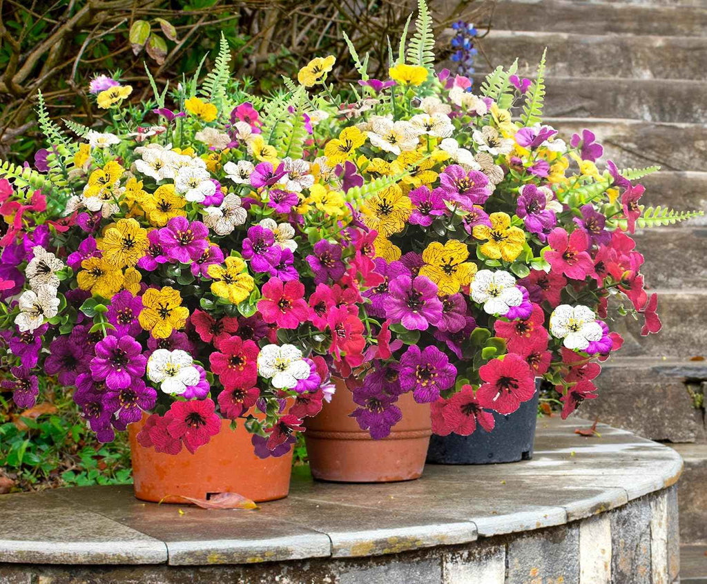 Artificial Fake Flowers for Outdoors,16 Bundles Artificial Plants Outdoor Faux Plants UV Resistant, Realistic Faux Silk Flower 6 Colors Spring Summer Decor for Porch Outside Planter Window Box