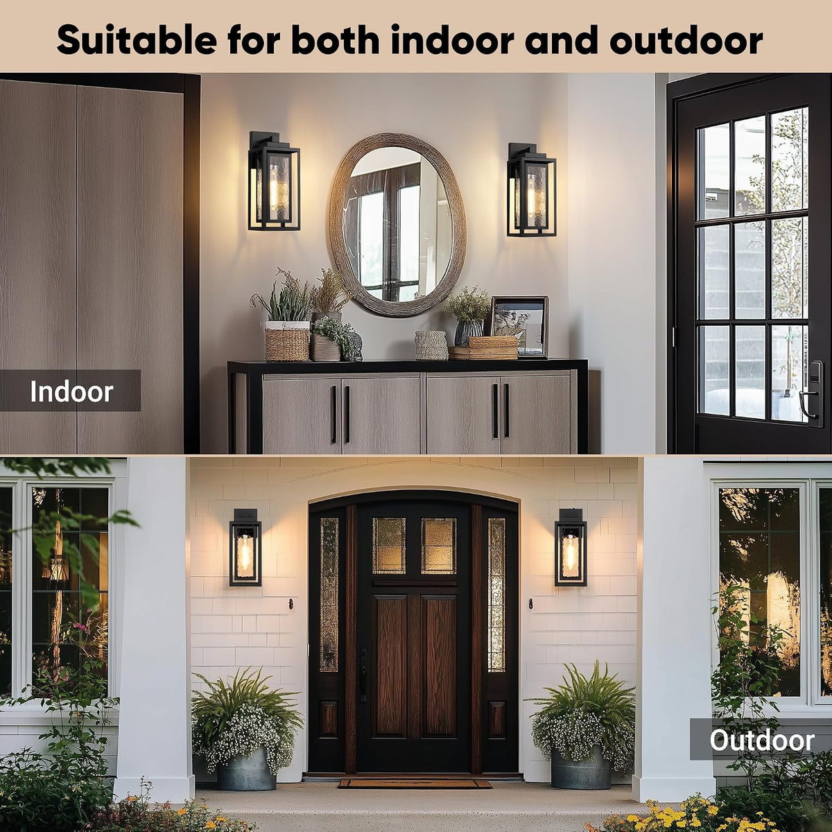 WIHTU 15.78'' Exterior Porch Light Fixture,Outdoor Wall Sconce Lights,Black | Water Ripple Glass , Rustproof Double Metal Frame, Waterproof. T30 Bulbs Included. 2 Packs, Outdoor & Indoor, For Porch