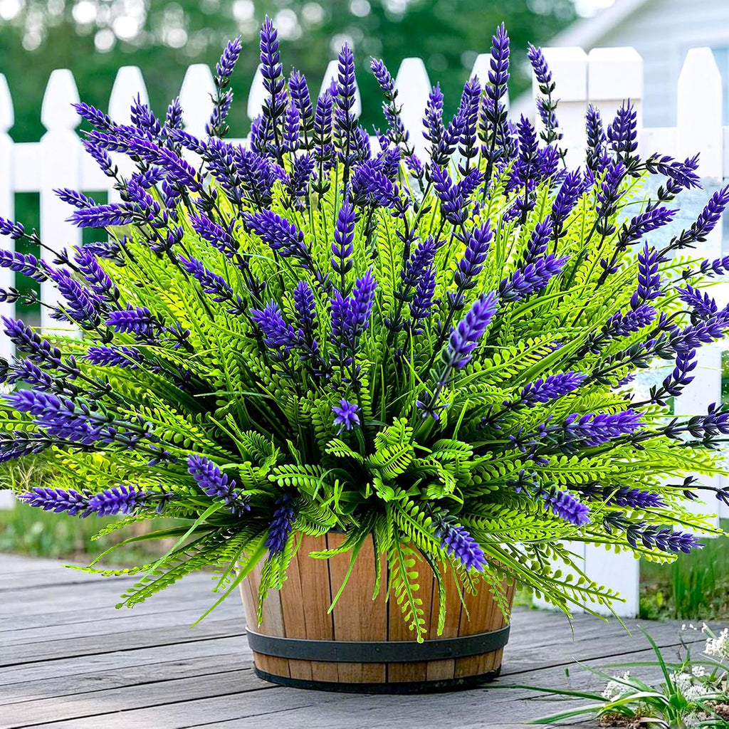 Artificial Plants Outdoor Faux Plants UV Resistant, 17.8" Realistic Faux Artificial Flowers Outdoor Fake Lavender with Monkey Grass Plastic Greenery Shrubs for Porch Garden Patio Window Box