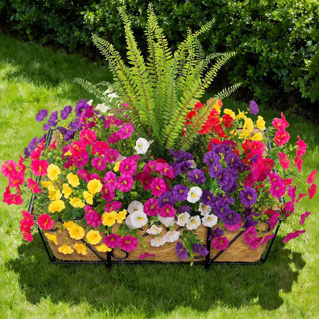Artificial Flowers Fake Plants for Outdoors Decoration, 12 Bundles Silk Morning Glory with Boston Fern Realistic UV Resistant Faux Flowers for Outside Planter Yard Patio Garden Home Indoor Urn