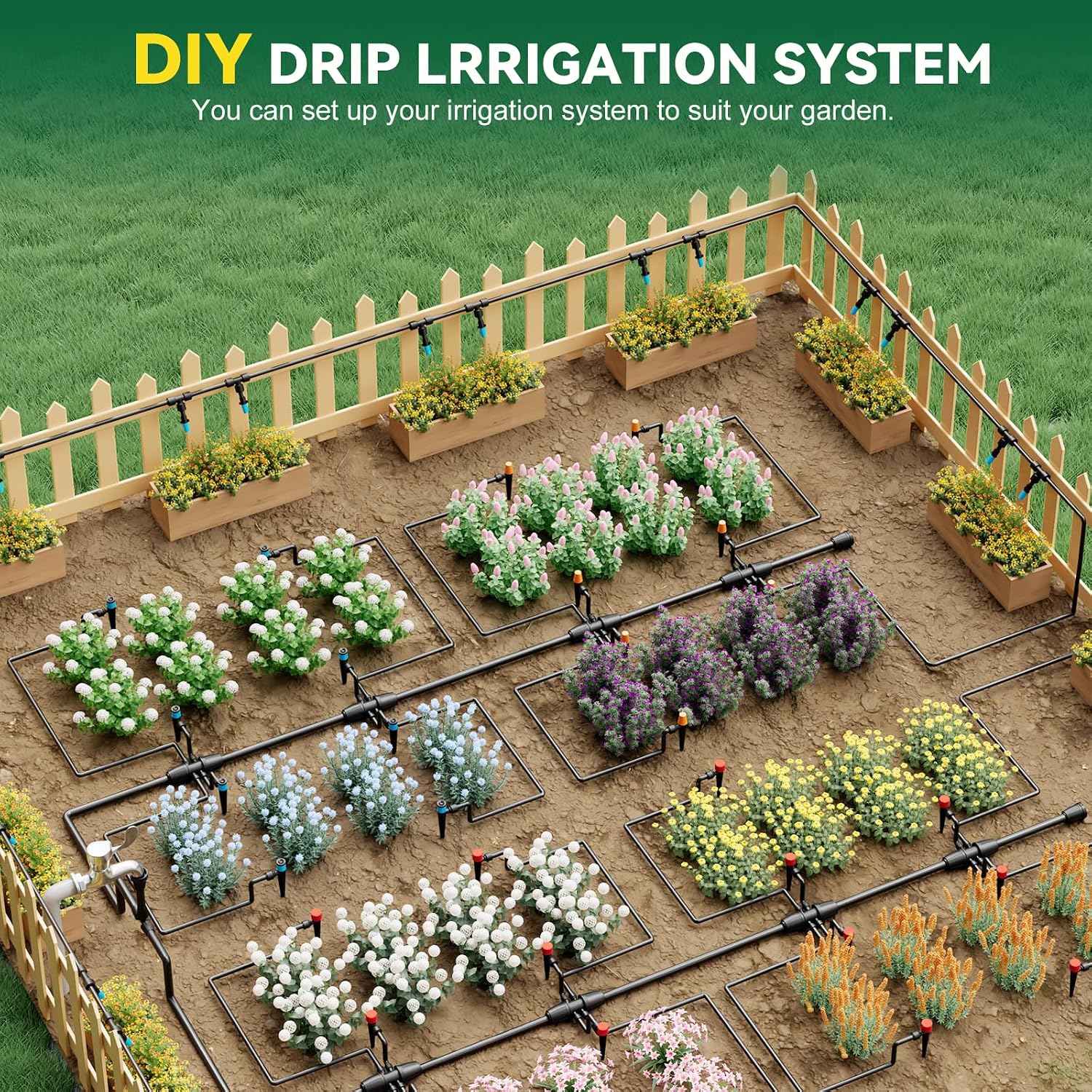 Drip Irrigation System for Garden, 2026-Upgraded Quick Connect Garden Watering Kit All-in-One with 1/2 inch 1/4 inch Irrigation Tubing for Garden, Lawn, Greenhouse, Raised Beds (126FT)