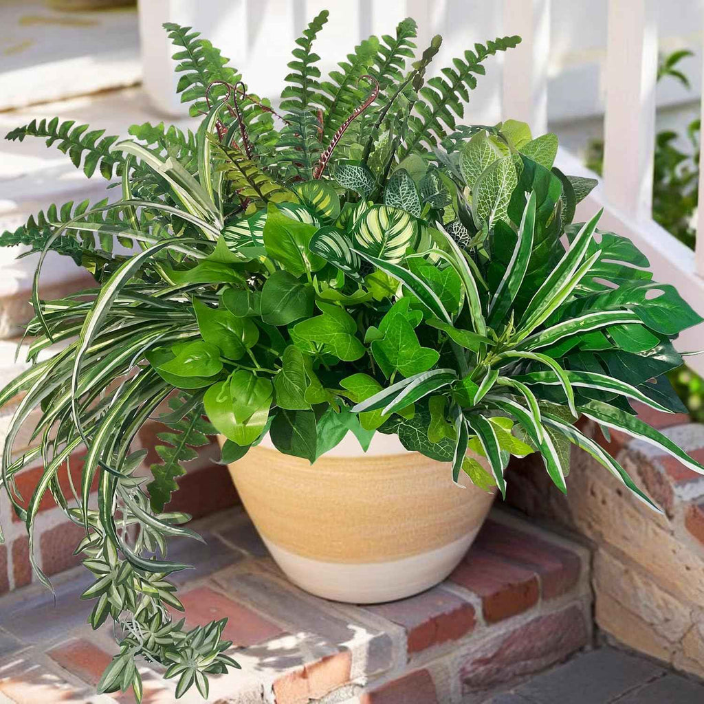 Artificial Plants Faux Greenery for Outdoor Porch Planter Summer Decor | Fake Realistic UV Resistant Large Shrubs Bushes Green Filler for Outside Front Door Patio Decoration, 8 Bundles
