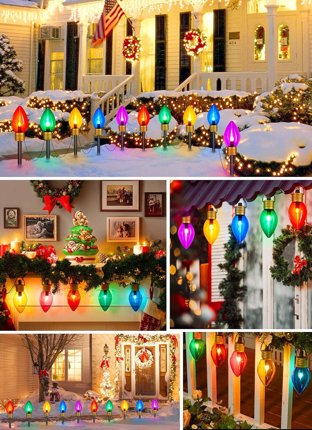 Jumbo C9 Christmas Lights Outdoor Decoration Lawn with Pathway Marker Stake | 8 Feet 5 LED C9 Pathway Lights Covered Multicolor Bulb, Connectable Waterproof Christmas Outside Decorations for Holiday Yard