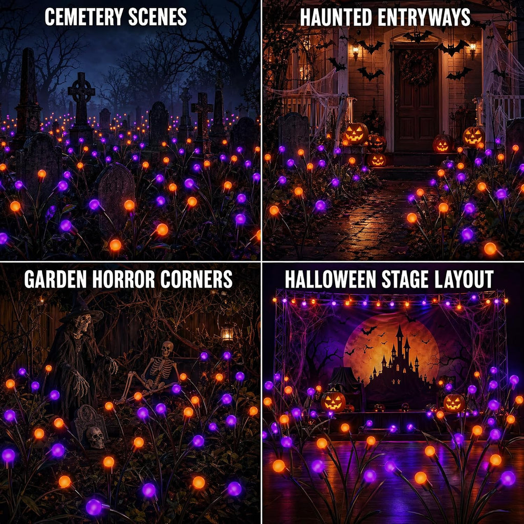 Halloween Firefly Solar Lights 2 Pack 6 LED Orange Purple | Swaying Pathway Lights IP65 Waterproof Auto Dusk to Dawn Outdoor Landscape Lights for Yard Patio Lawn Party Decor
