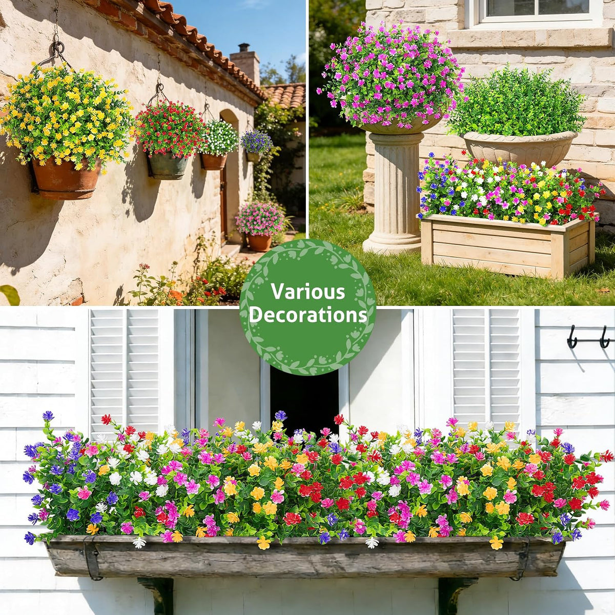 Roberly 24 Bundles Artificial Flowers for Outdoors Fake Plants, Mixed | Faux flowers, eucalyptus plants, plastic greenery shrub, UV resistant, window box garden porch farmhouse decorations