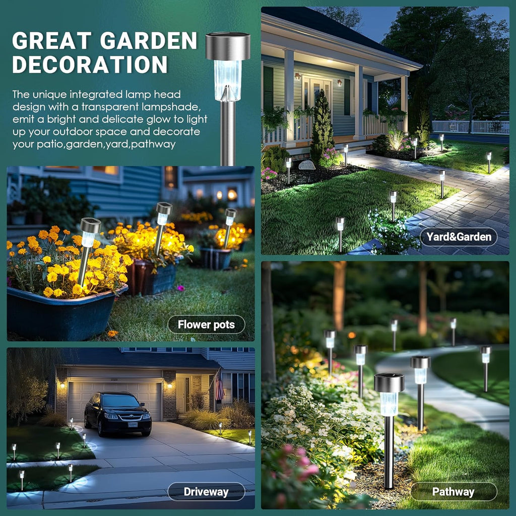 GIGALUMI Outdoor Waterproof Solar Garden Lights, 12 Pack Cold White | Stainless Steel LED, Ideal for Patio Lawn Yard Landscape, Durable Decorative Lighting