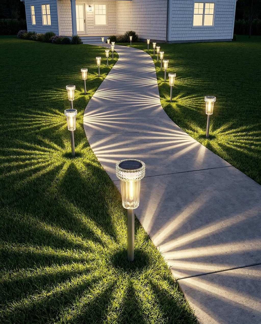 DERAYSION 12 Pack Solar Pathway Lights Outdoor, Solar Powered Garden Lights Auto On/Off, Waterproof Stainless Steel Pole Landscape Lighting for Path, Yard, Walkway, Driveway Decor - Warm White