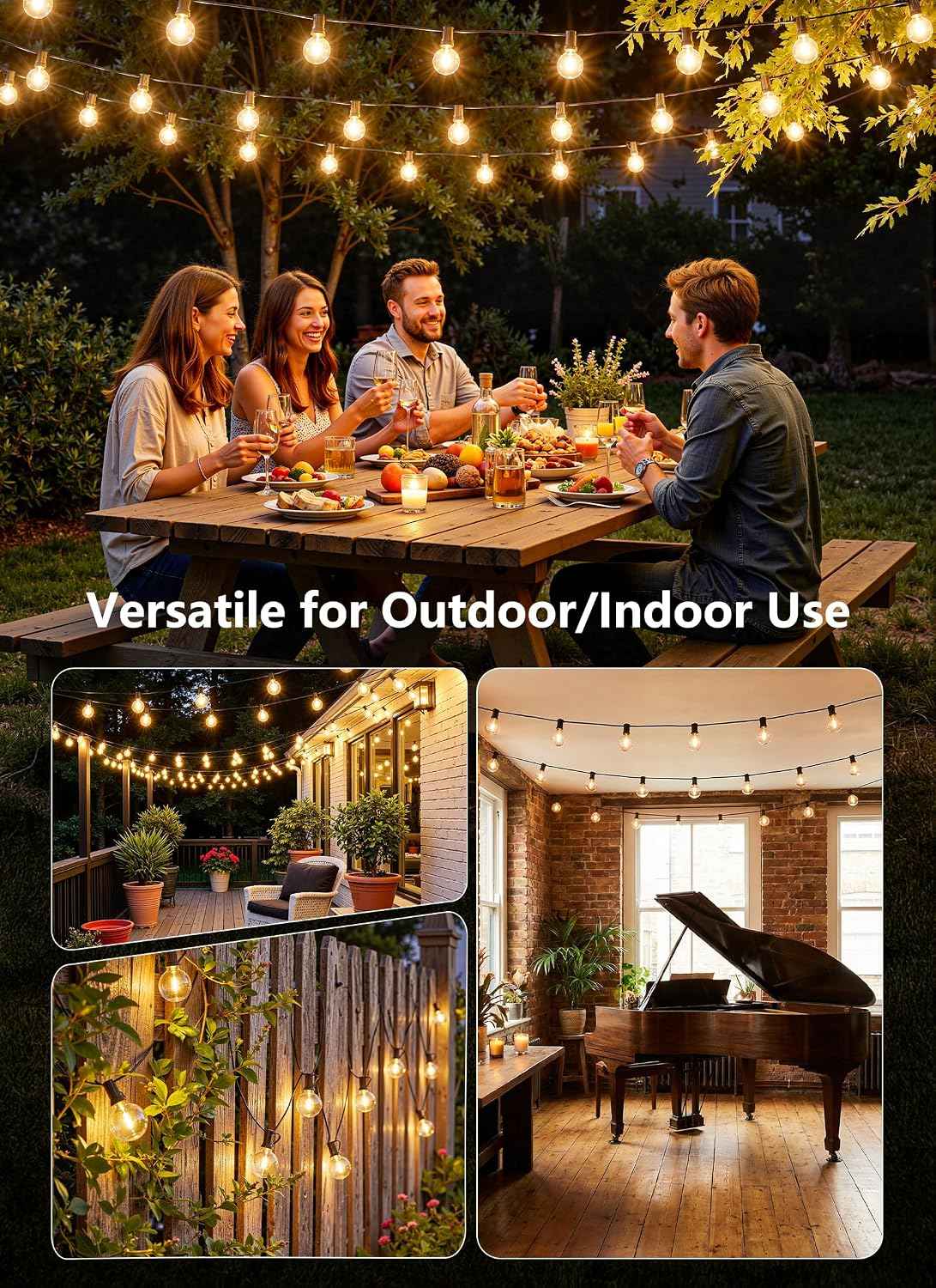 100Ft Outdoor String Lights with Remote, Dimmable G40 LED Bulbs, Waterproof | Shatterproof Connectable Hanging Patio Lights for Porch, Backyard, Bistro, Deck, Balcony, Home, Garden Decor
