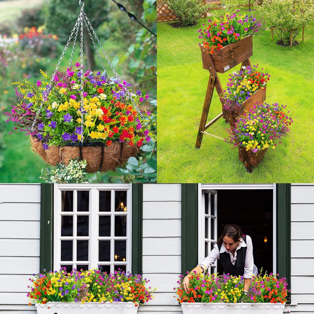 Ouddy Decor 16 Pcs Artificial Flowers for Outdoors Decorations, Mixed Color | fake plastic plants, faux shrubs, greenery wheat grass, UV resistant, garden patio window box office table kitchen home decor