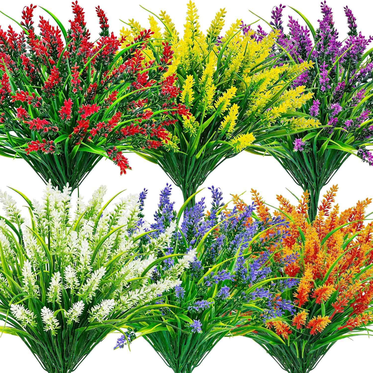 Der Rose 24 Bundles Artificial Plants Outdoor Fake Lavender Flowers UV Resistant Faux Plants Monkey Grass for Garden Porch Fence Patio Window Box Decor（Colorful）