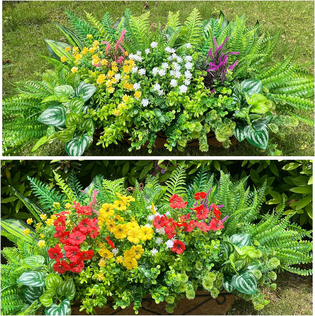 Alupssuc 24 Pcs Artificial Plants Flowers for Outdoors UV Resistant Decor | No Fade Plastic Spring Fake Plants Greenery, For Patio Porch Garden Pathway Home Spring Decor, 4 Colors