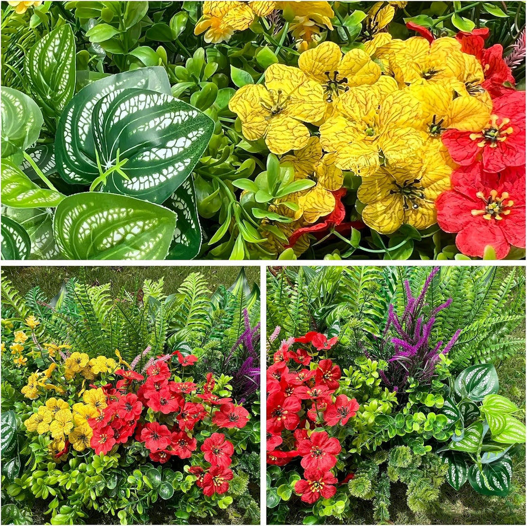 Alupssuc 24 Pcs Artificial Plants Flowers for Outdoors UV Resistant Decor | No Fade Plastic Spring Fake Plants Greenery, For Patio Porch Garden Pathway Home Spring Decor, 4 Colors