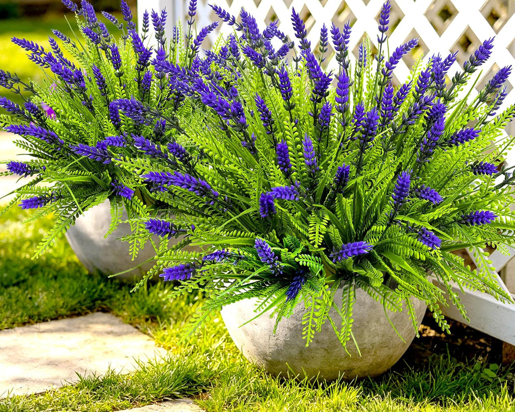 Artificial Plants Outdoor Faux Plants UV Resistant, 17.8" Realistic Faux Artificial Flowers Outdoor Fake Lavender with Monkey Grass Plastic Greenery Shrubs for Porch Garden Patio Window Box