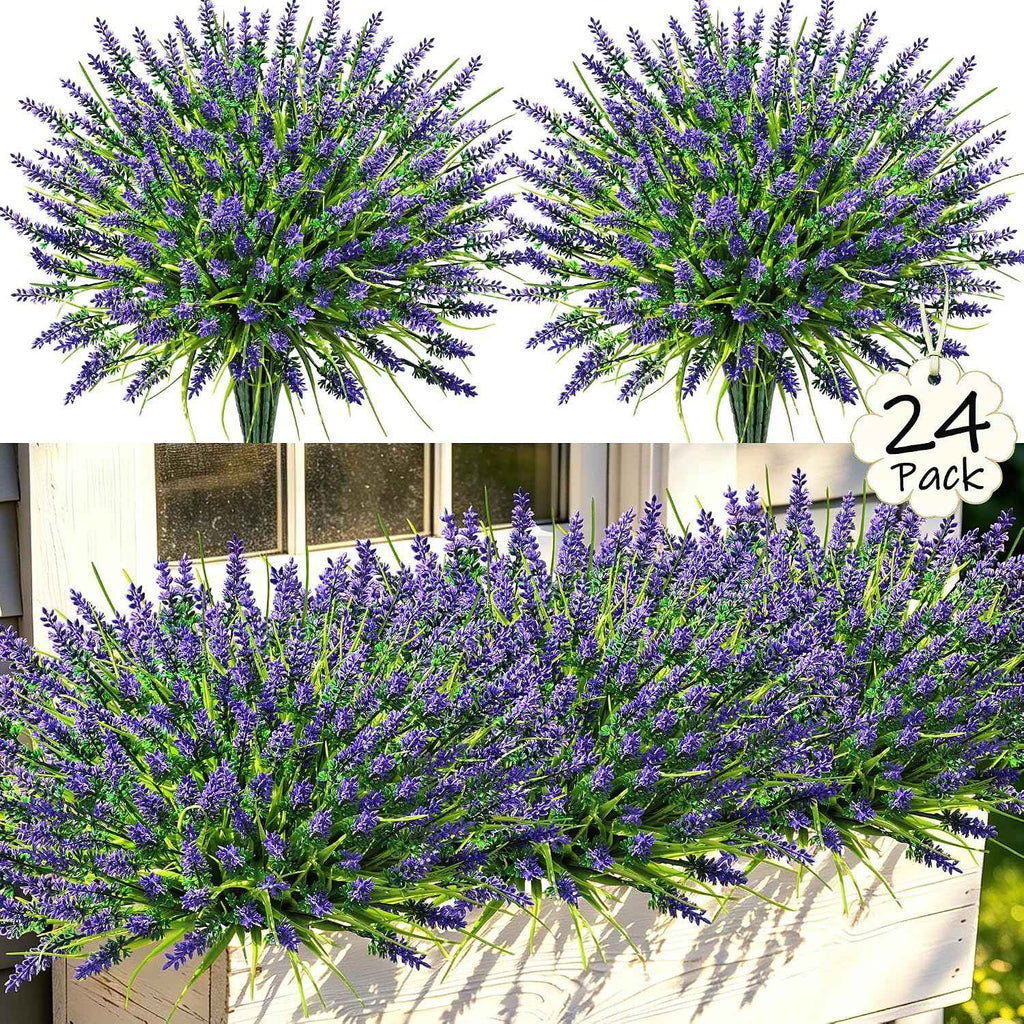 24 Bundles Faux Outdoor Plants, UV Resistant Artificial Fake Lavender Flowers with Monkey Grass for Outdoors, Realistic Faux Lavender Greenery Shrubs for Porch Yard Garden Window Box Home Decor