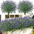 24 Bundles Faux Outdoor Plants, UV Resistant Artificial Fake Lavender Flowers with Monkey Grass for Outdoors, Realistic Faux Lavender Greenery Shrubs for Porch Yard Garden Window Box Home Decor