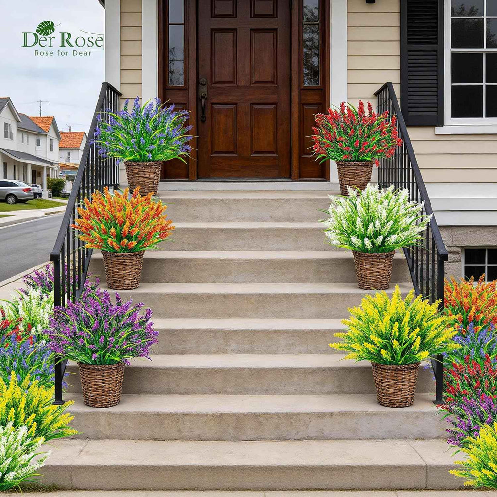 Der Rose 24 Bundles Artificial Plants Outdoor Fake Lavender Flowers UV Resistant Faux Plants Monkey Grass for Garden Porch Fence Patio Window Box Decor（Colorful）
