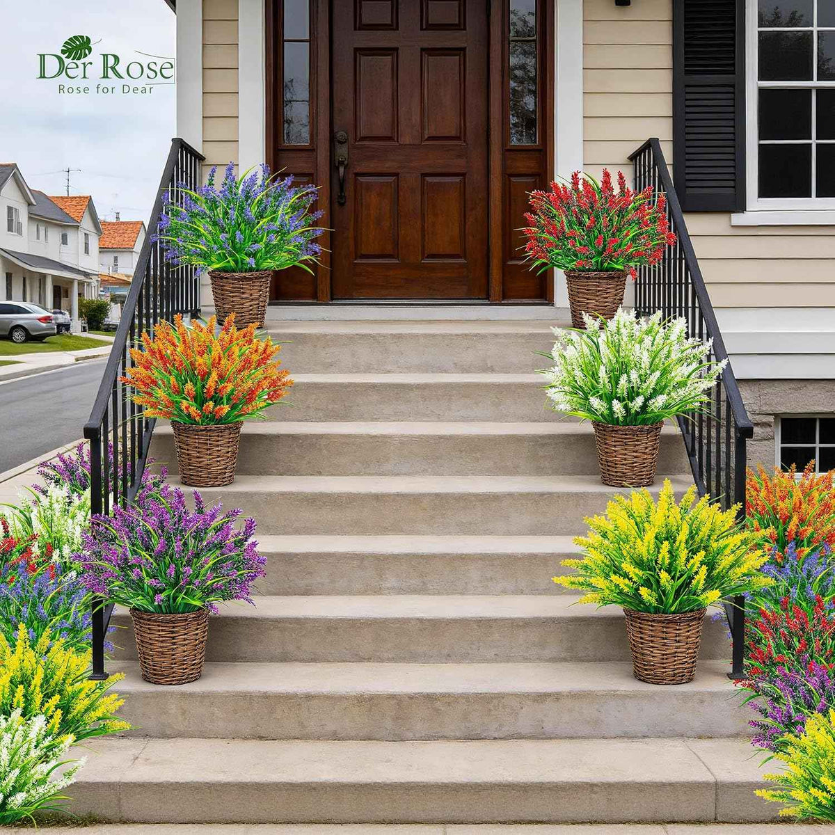 Der Rose 24 Bundles Artificial Plants Outdoor Fake Lavender Flowers UV Resistant Faux Plants Monkey Grass for Garden Porch Fence Patio Window Box Decor（Colorful）