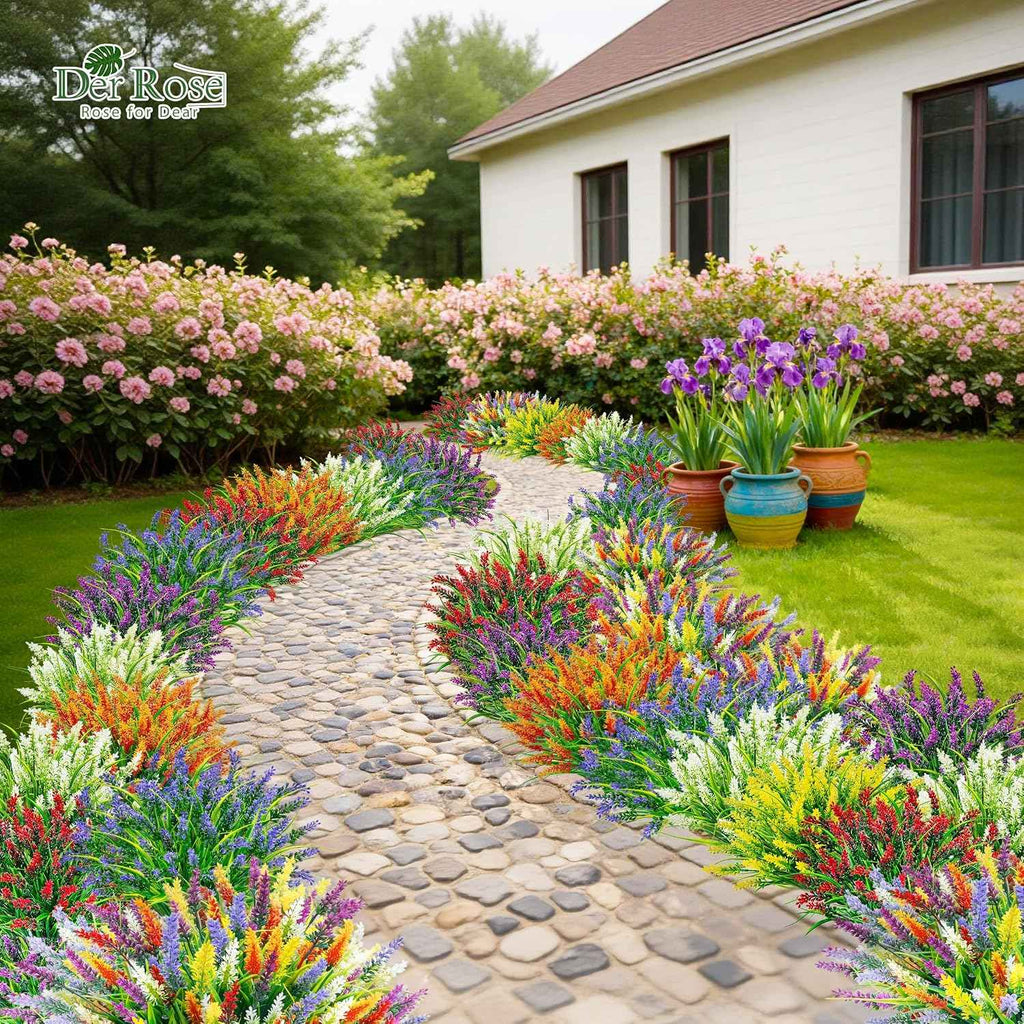 Der Rose 24 Bundles Artificial Plants Outdoor Fake Lavender Flowers UV Resistant Faux Plants Monkey Grass for Garden Porch Fence Patio Window Box Decor（Colorful）