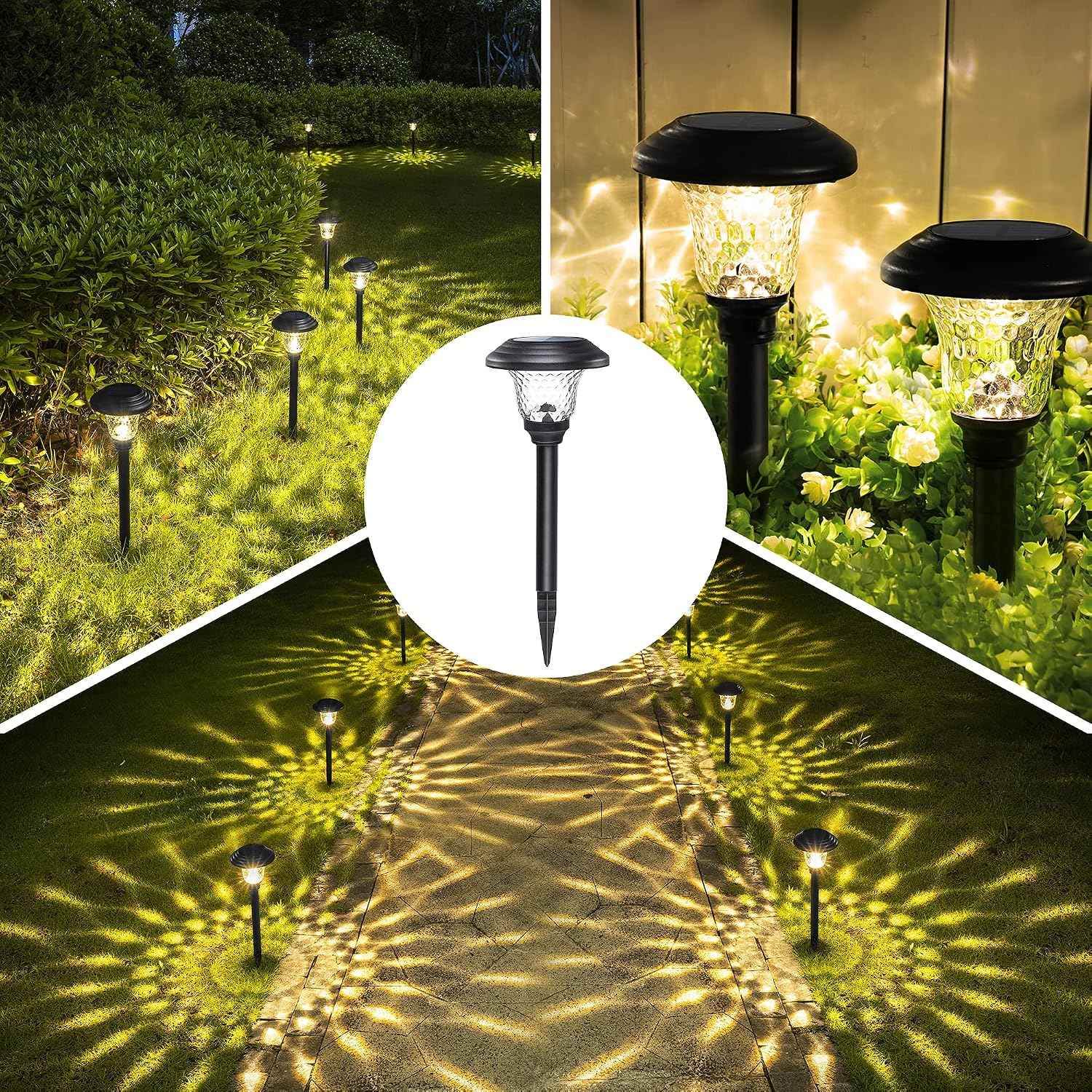GIGALUMI Metal & Glass Solar Lights Outdoor, 8 Pack LED Garden Lights | Solar Pathway Lights Waterproof IP65, Warm White Landscape Path Lights, Garden Decor for Yard, Patio, Walkway (Black)