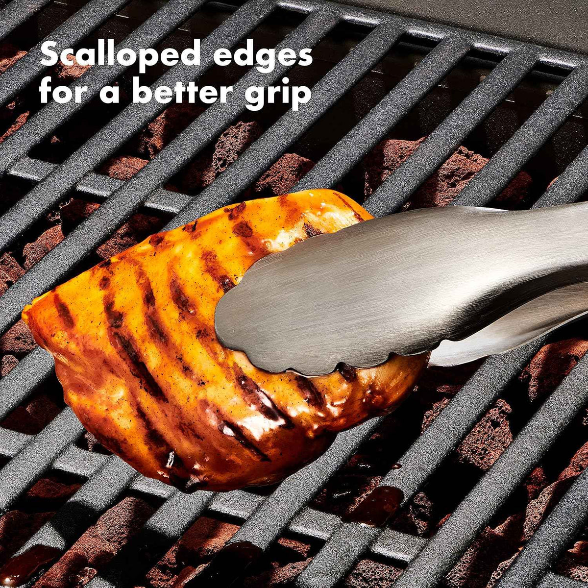 OXO Outdoor 3 Piece Grilling Tool Set | Set Includes Stainless Steel Turner, Scalloped Tongs and Tool Rest, Ideal for Grilling and BBQ
