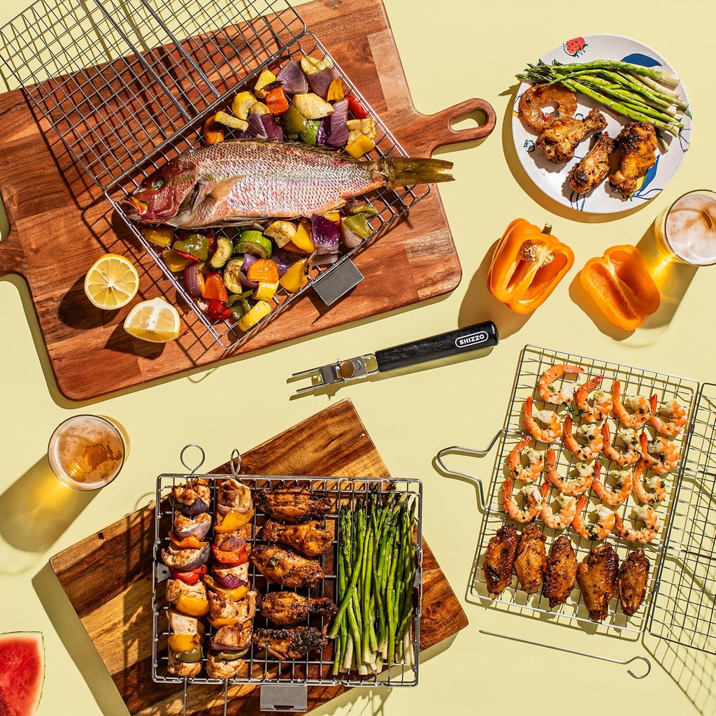 SHIZZO Grill Basket Gift Set with Skewers, Basting Brush, Gift Box | Removable Handle, Stainless Steel BBQ Grilling Rack for Fish Vegetables, Outdoor Camping Accessory, Gifts for Men Dad Husband