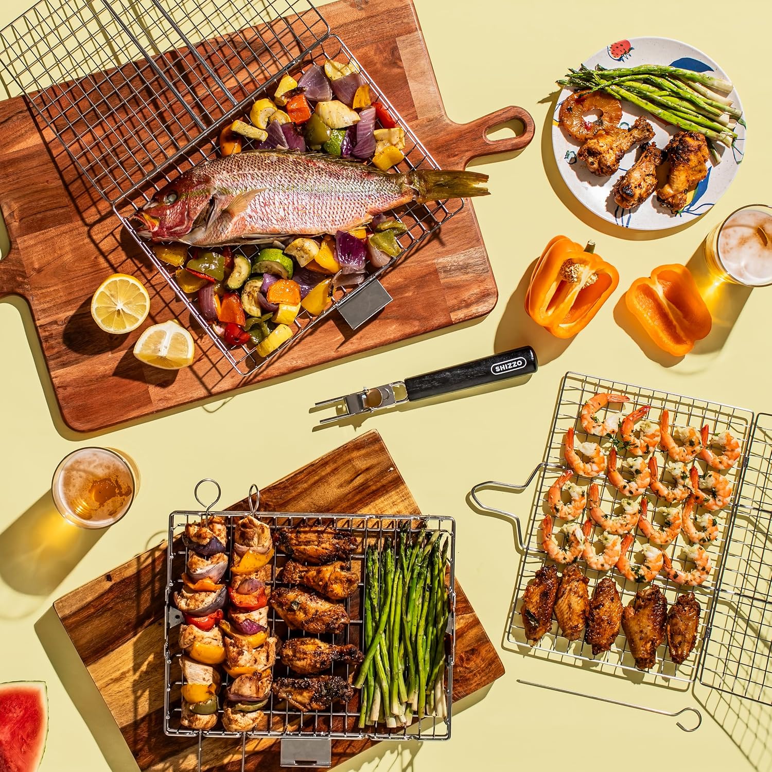 SHIZZO Grill Basket Gift Set with Skewers, Basting Brush, Gift Box | Removable Handle, Stainless Steel BBQ Grilling Rack for Fish Vegetables, Outdoor Camping Accessory, Gifts for Men Dad Husband