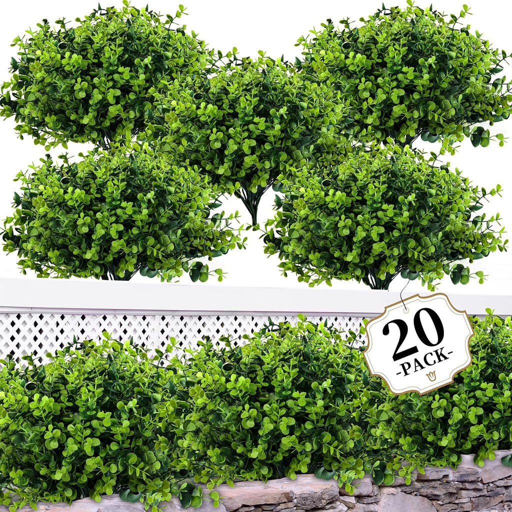 ColoPlay 20 Bundles Artificial Greenery Boxwood Plants, Fake Outdoor Plants | Artificial Plants Outdoor/Indoor, Fake Plant for Ouside Garden Porch, Window Box, Home Wedding, Farmhouse