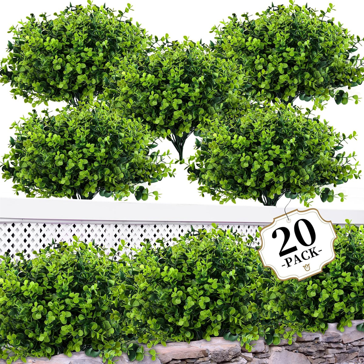 ColoPlay 20 Bundles Artificial Greenery Boxwood Plants, Fake Outdoor Plants | Artificial Plants Outdoor/Indoor, Fake Plant for Ouside Garden Porch, Window Box, Home Wedding, Farmhouse